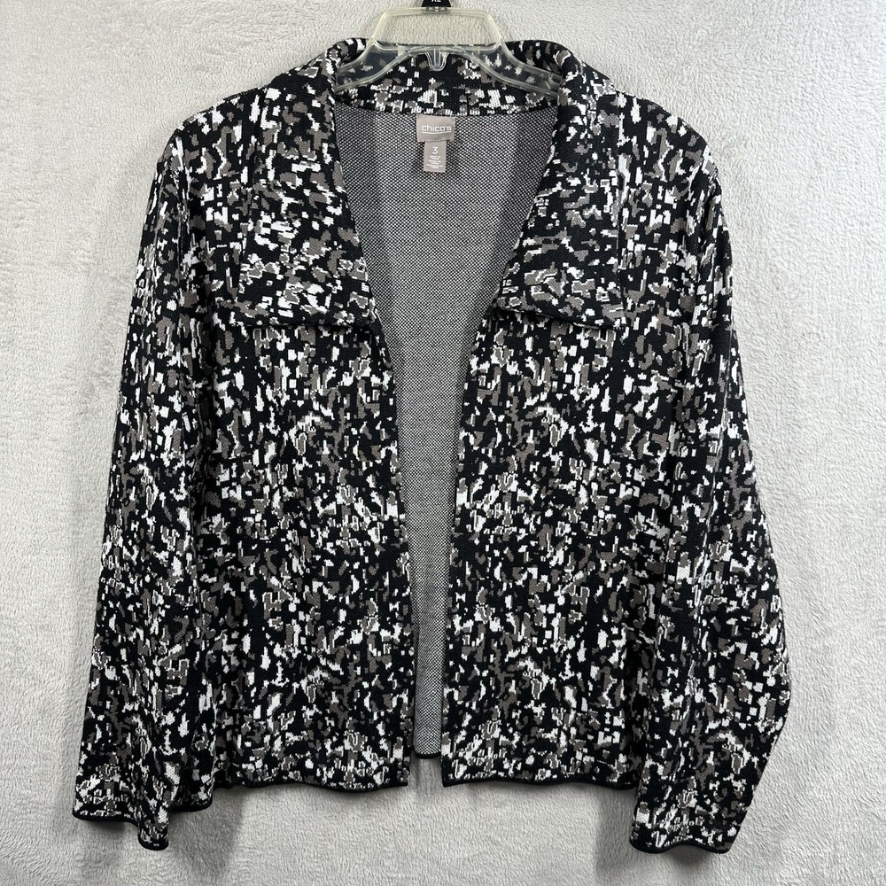 Chico's Abstract Open Front Cardigan Sweater Sz XL (3) Black Gray Mature Office